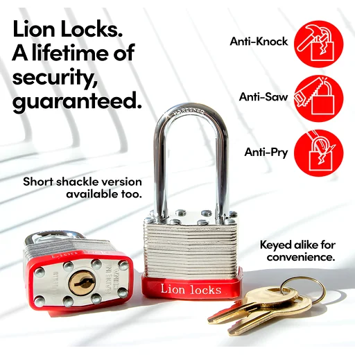 Red-bodied security padlock with silver shackle showing anti-pry and anti-saw features, keyed-alike option visible