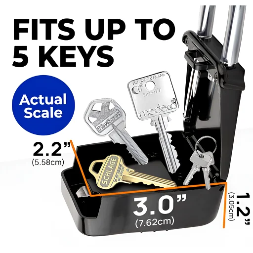 Black plastic key holder with metal slots, shown with silver and gold keys inserted to show capacity