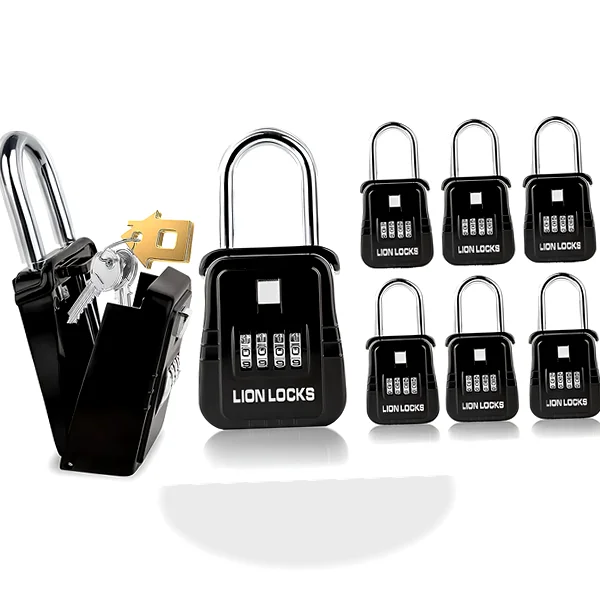 Black combination key lock boxes with numeric dials, mounted and ready for use at listings.