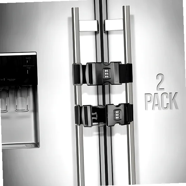 Adjustable two-pack fridge door locks designed for French door refrigerators, shown attached.