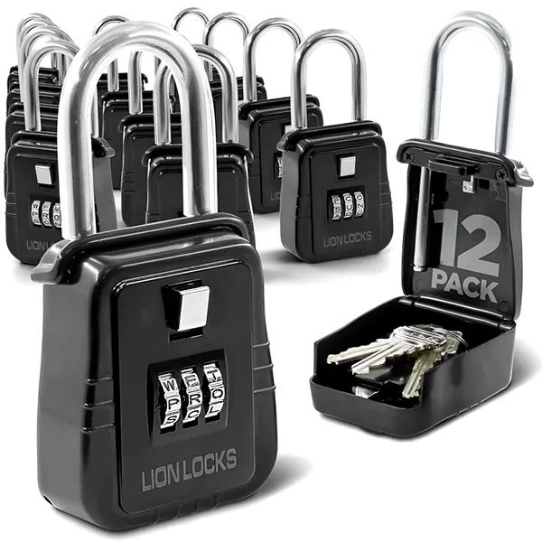 Twelve alpha-coded key lock boxes in black, open to show interior hooks and foam backing.